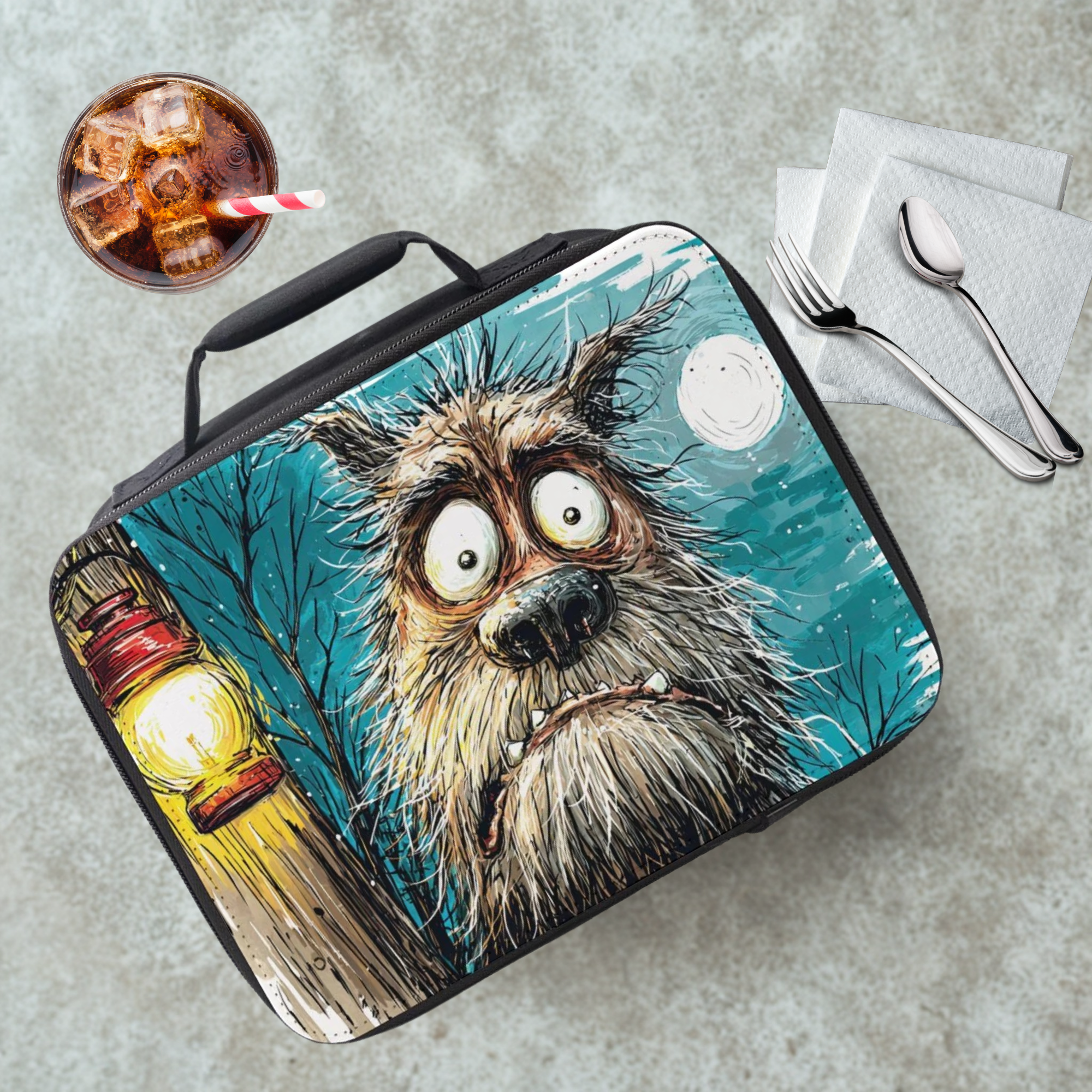 insulated lunch bag with a werewolf design on a cafeteria table with a drink and eating utensils.