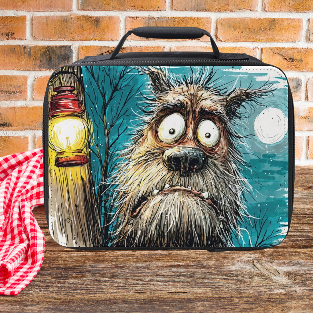  insulated lunch bag with a cartoon monster werewolf design on a wooden picnic table with a brick wall background