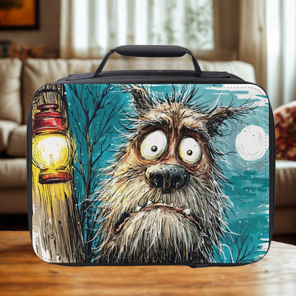  insulated lunch bag with a cartoon werewolf monster design on a wooden table in a living room