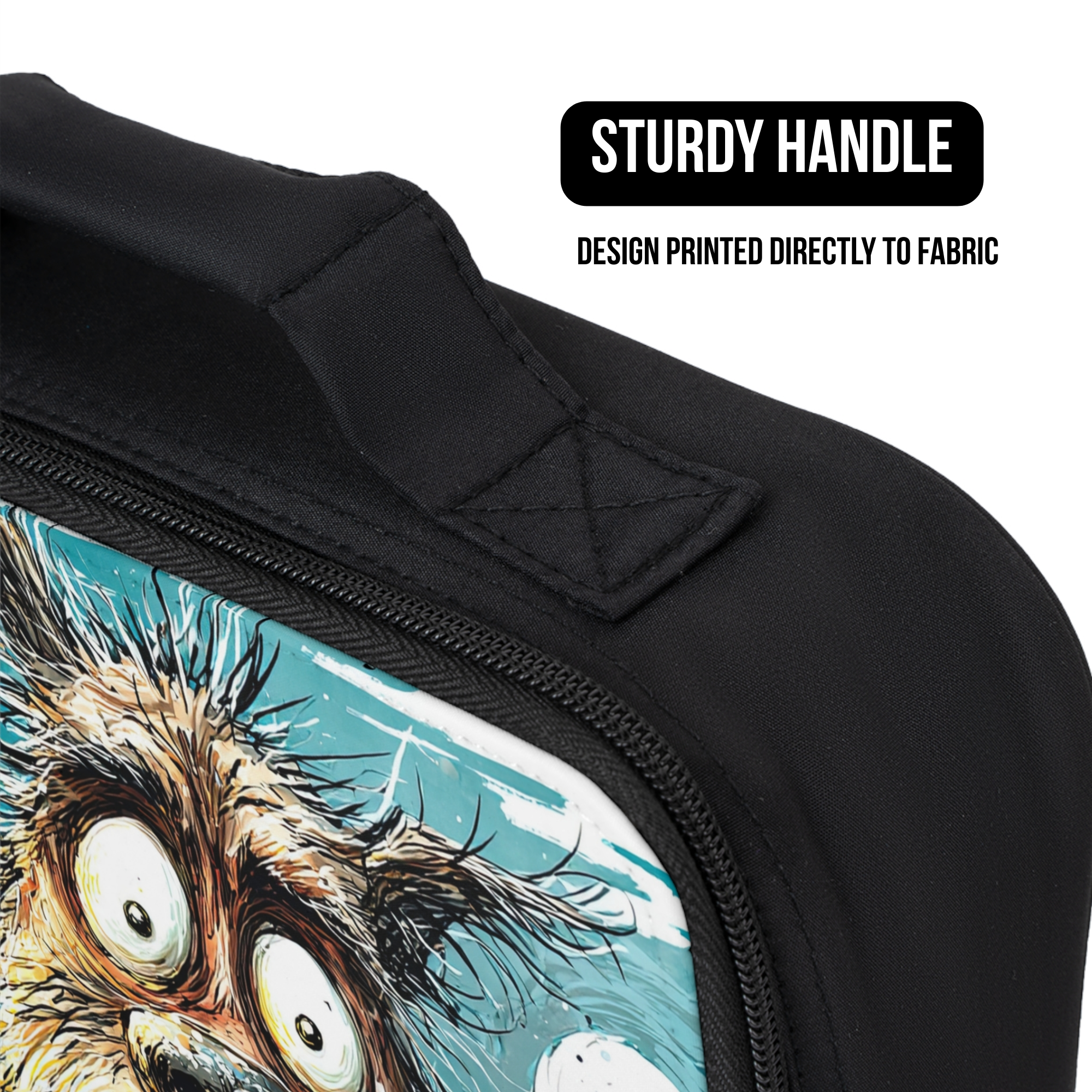 Black bag with a printed design of a hand drawn werewolf creature, featuring a sturdy handle.