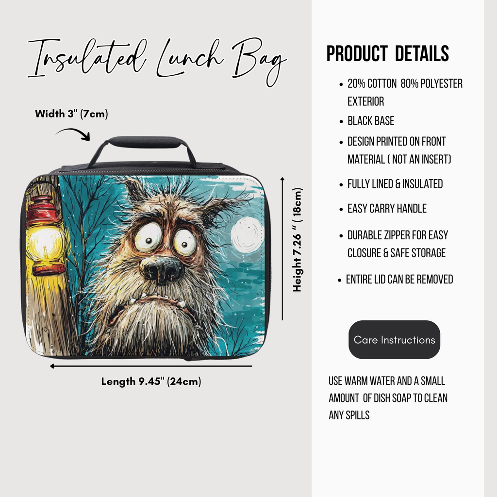 Insulated lunch bag with werewolf character design and product details on a white background
