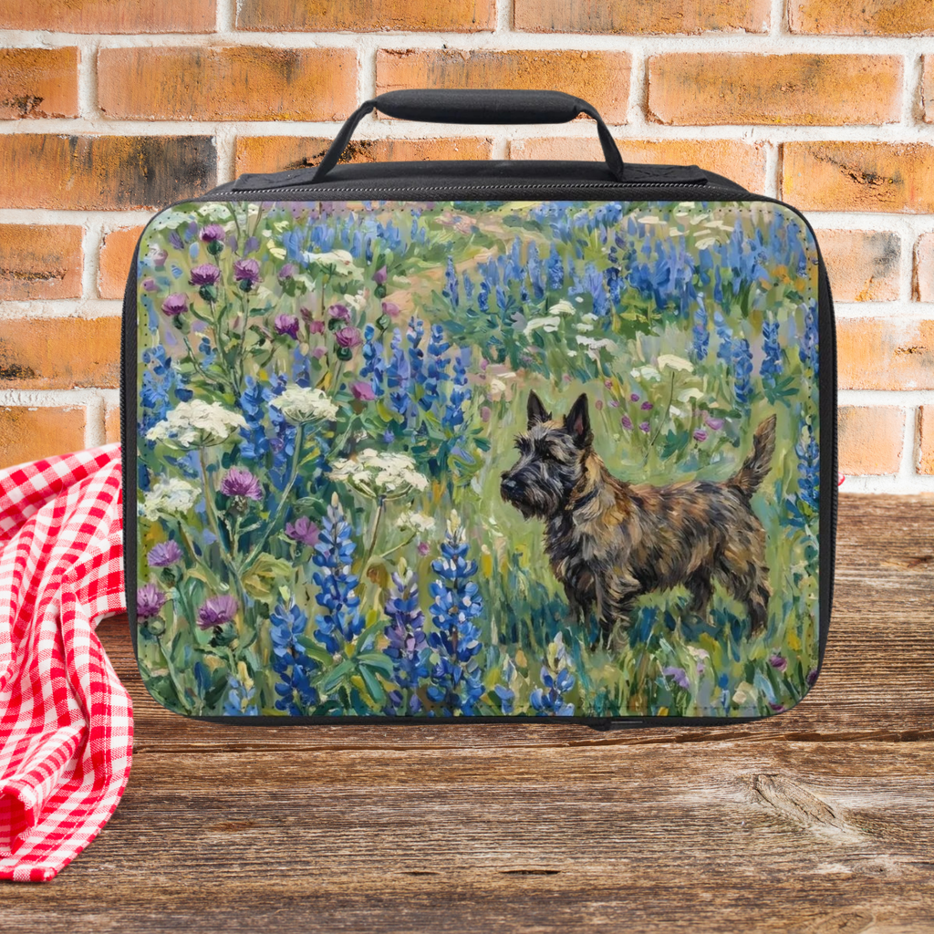 Lunch bag with a dog and floral design on a wooden picnic table with a brick wall background