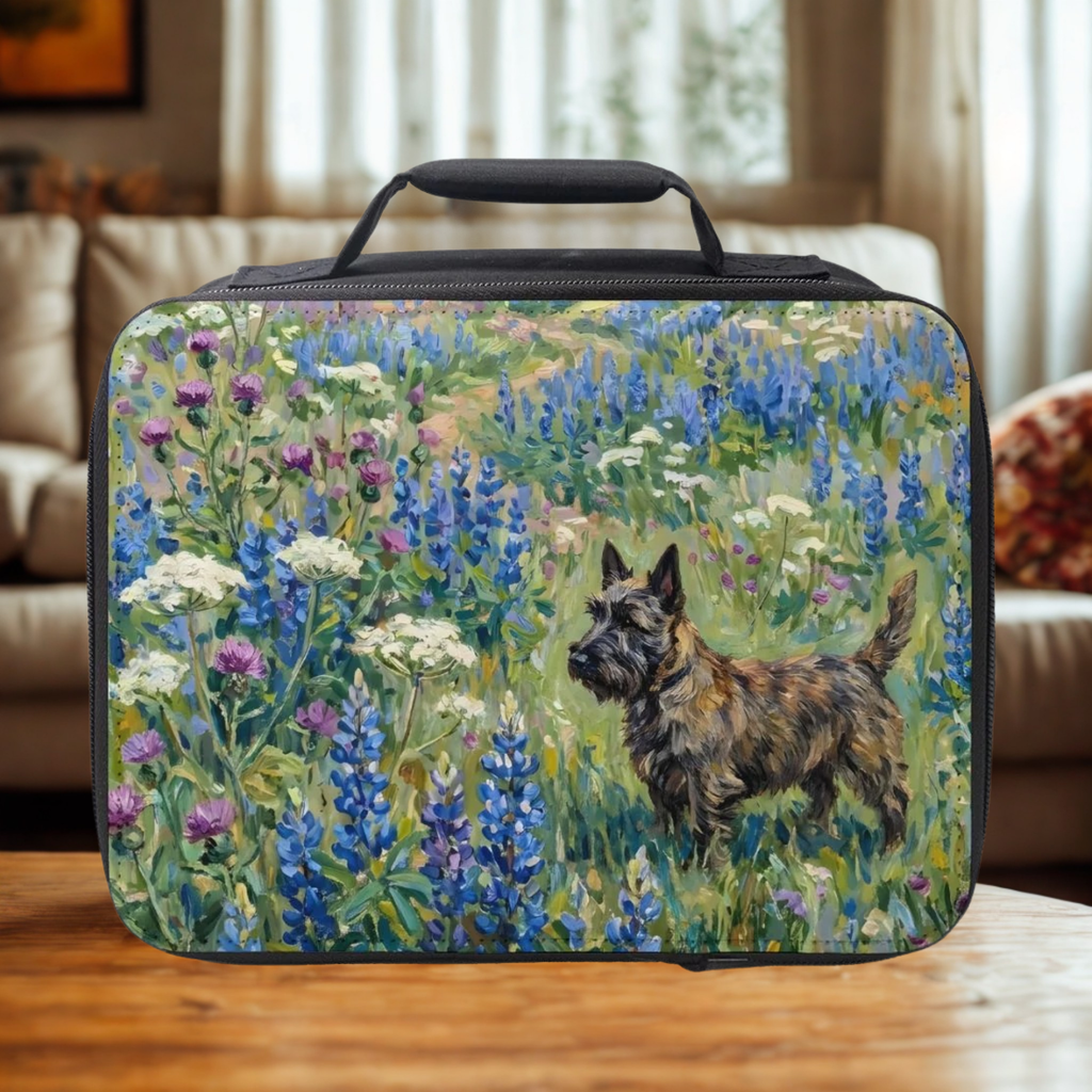 Lunch bag with a westie dog and floral design on a wooden table in a cozy living room.