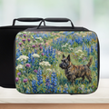 Black rectangular lunch bag with a westie dog and floral design on a white background