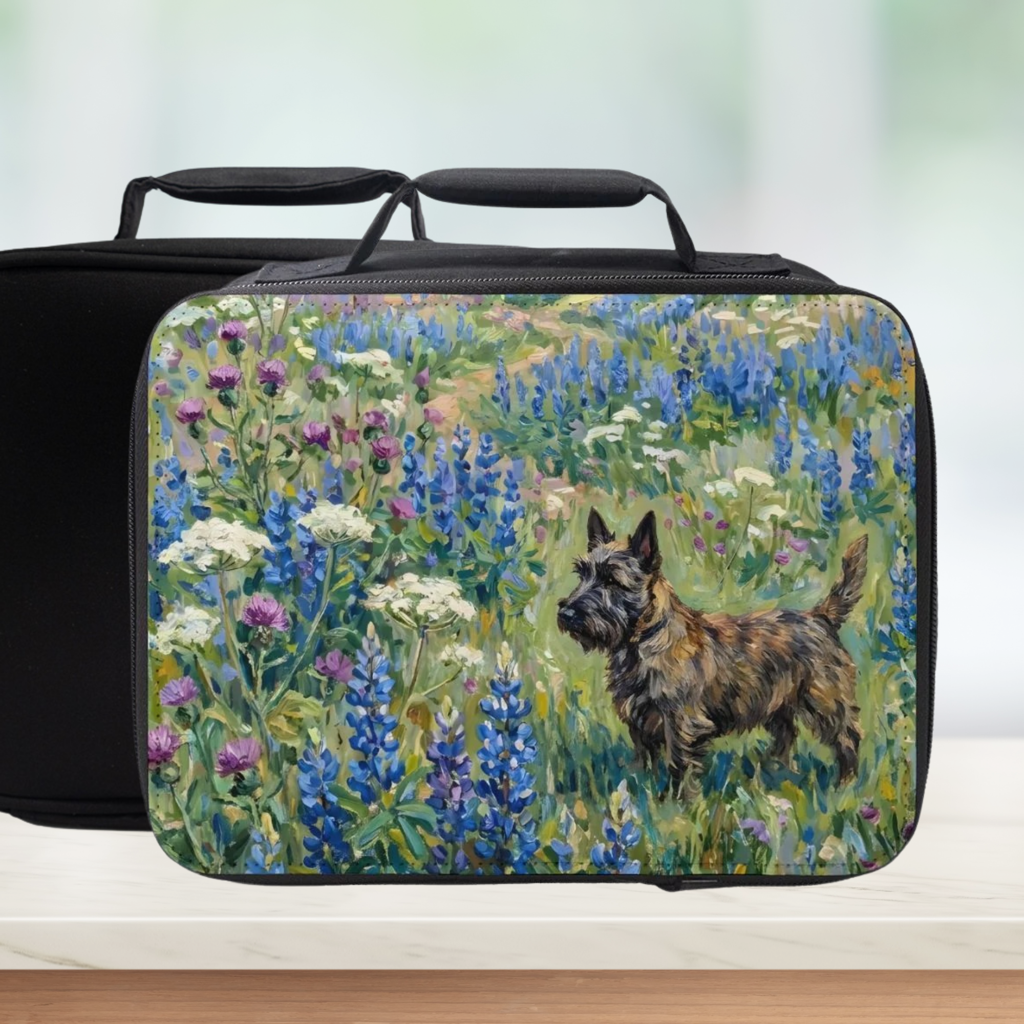 Black rectangular lunch bag with a westie dog and floral design on a white background