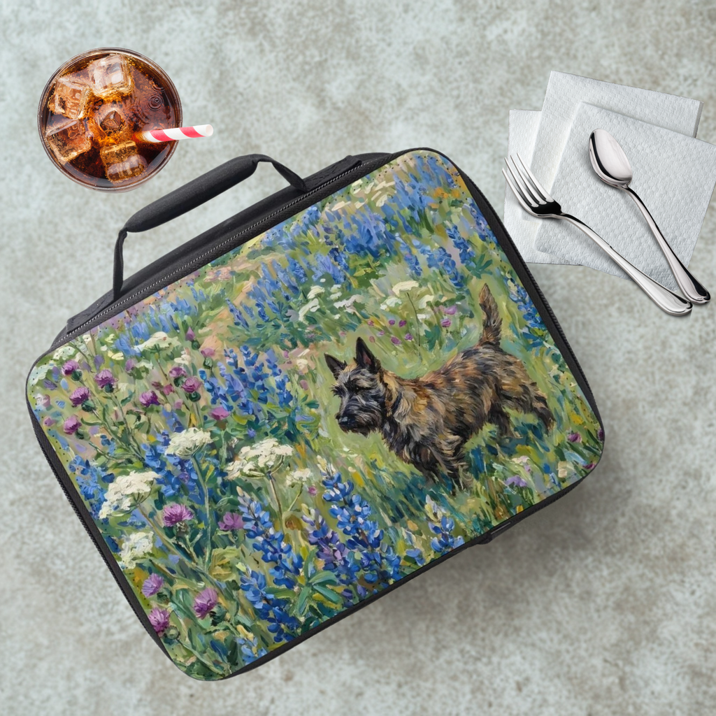 Lunch bag with a dog and flowers design on a table with a drink and utensils.