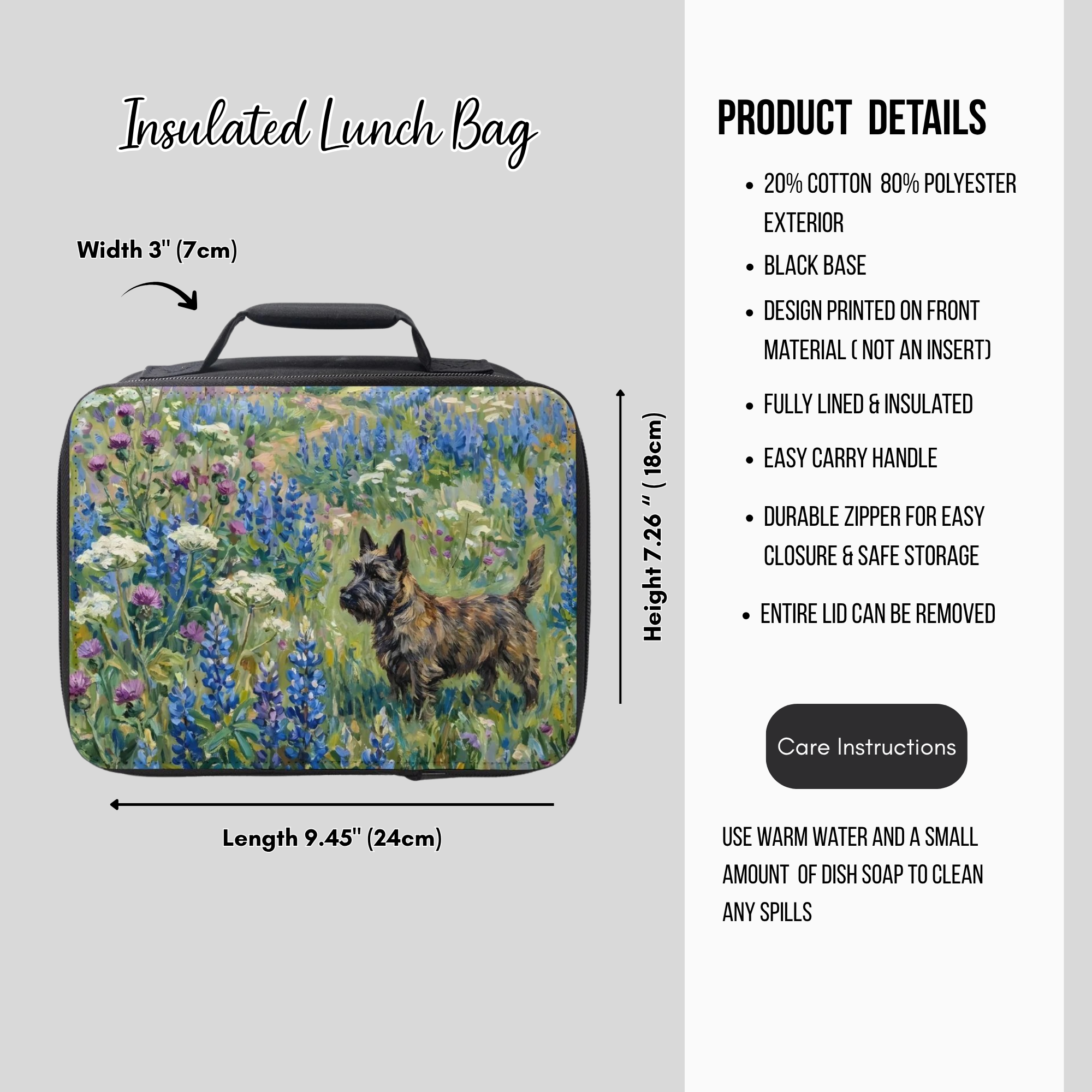 Insulated lunch bag with a dog in a field design, featuring product details on the right.