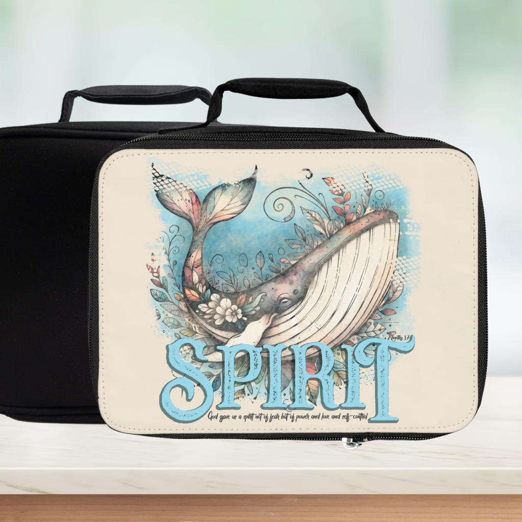 Black lunch bag with 'Spirit' design featuring a whale & florals on a beige background