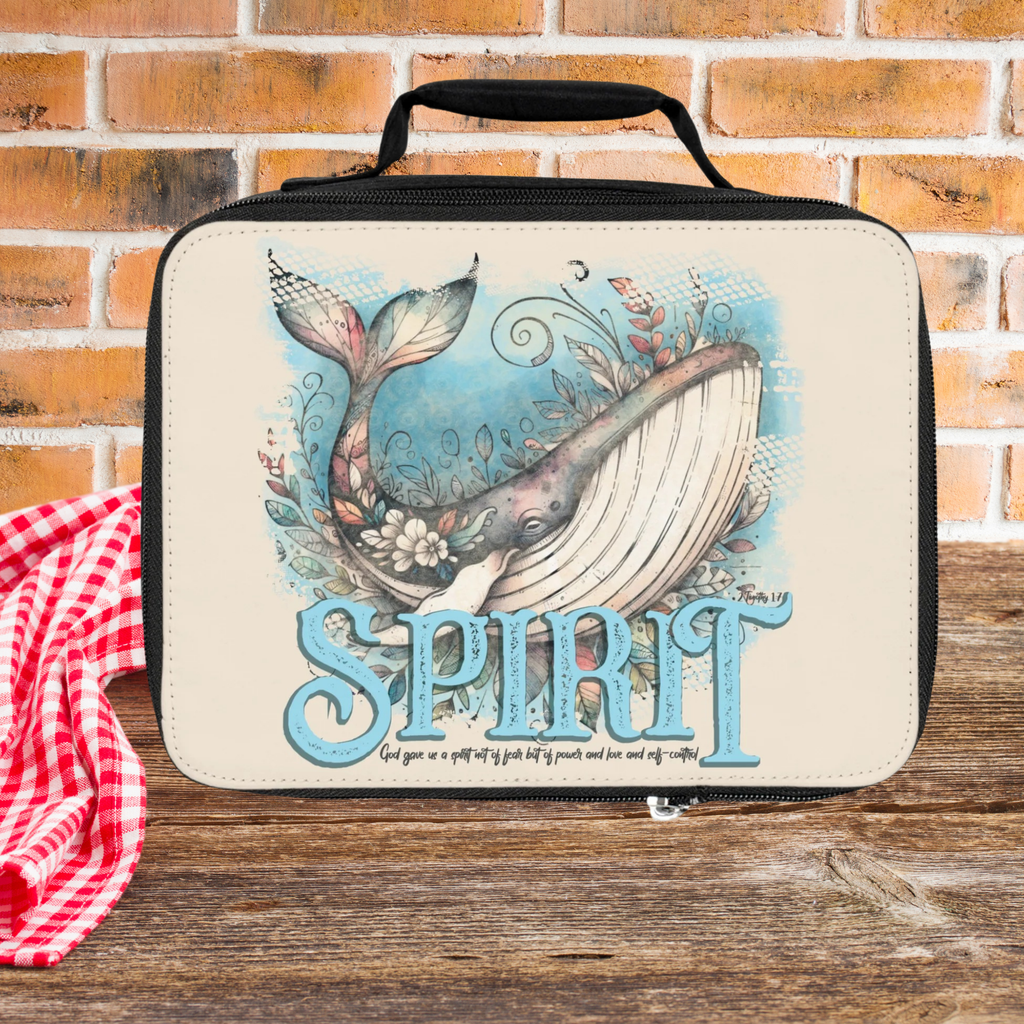Insulated Lunch bag with whale design and 'SPIRIT' text on a brick wall background