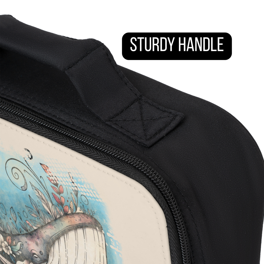 Close-up of a black bag with a sturdy handle and a design of a whale and ocean scene.