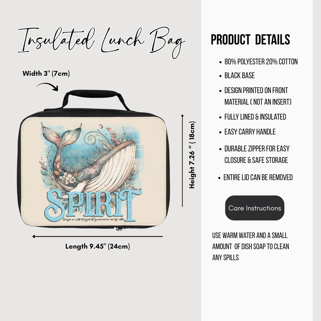 Insulated lunch bag with whale design and 'Spirit' text, featuring product details on a white background.