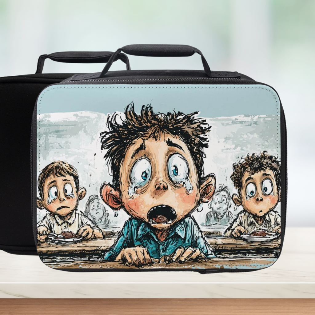 Lunch bag with a cartoon design of a distressed child in a classroom setting.