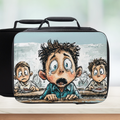 Lunch bag with a cartoon design of a distressed child in a classroom setting.