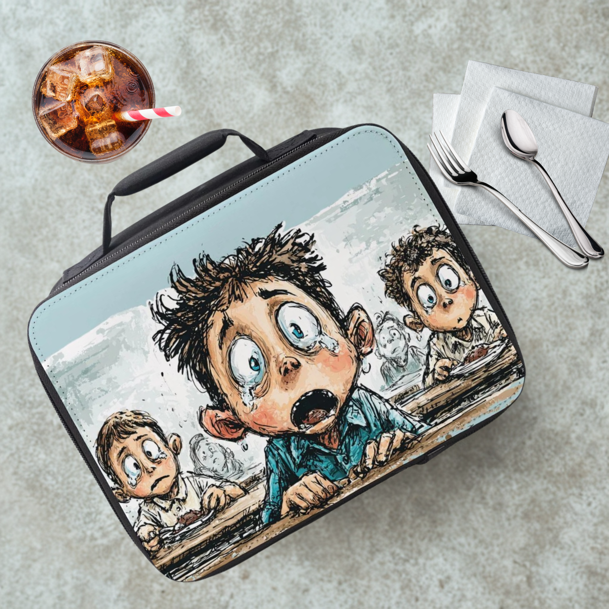 Lunch bag with cartoon design of a boy and two children, placed on a cafeteria table with a drink and utensils.
