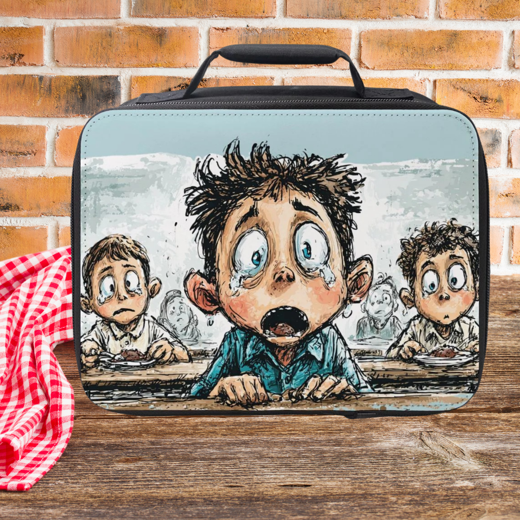 Lunch bag with cartoon design of a distressed boy at a table against a brick wall background