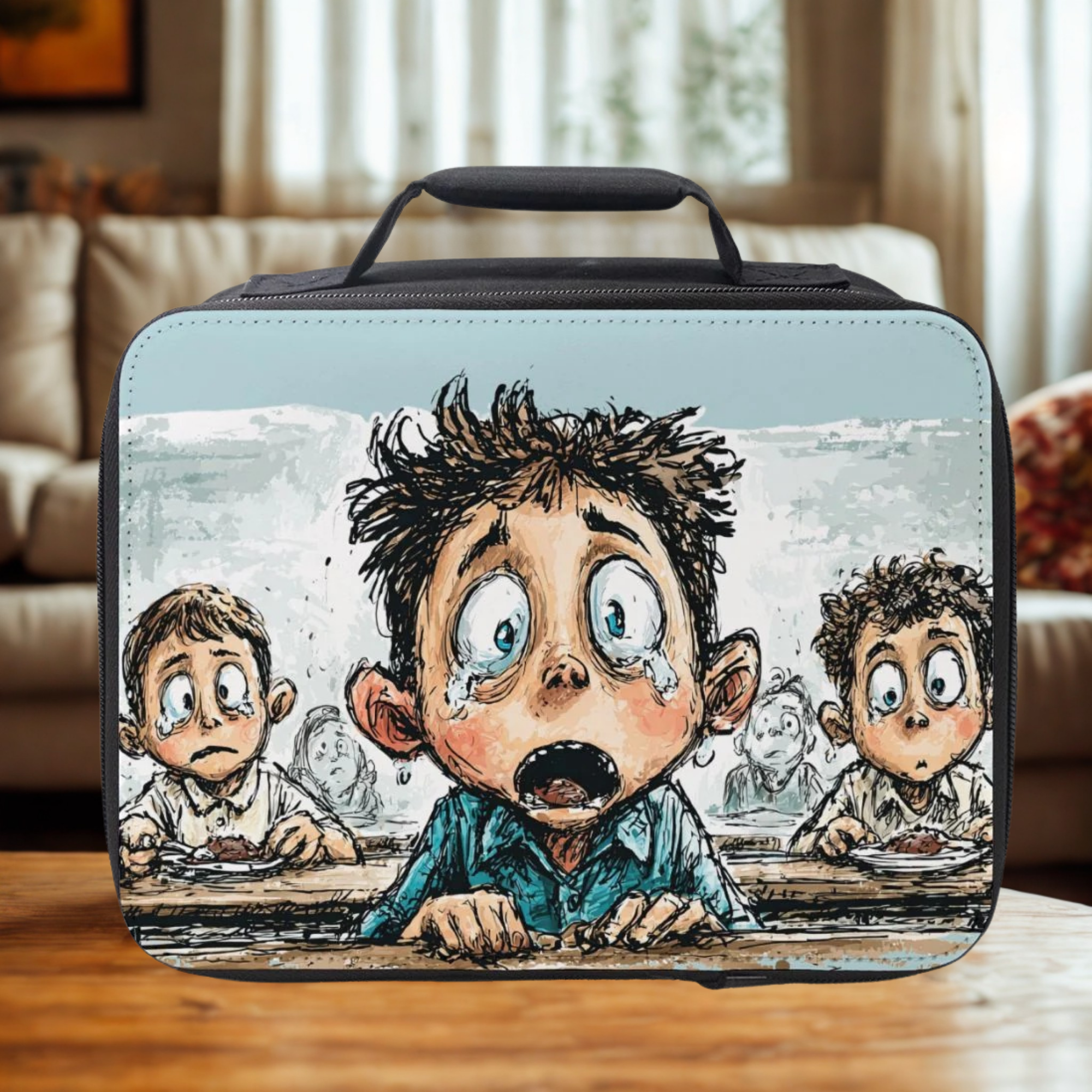 Lunch bag with a cartoon design of a distressed boy at a table with two other boys on a wooden table in a living room.