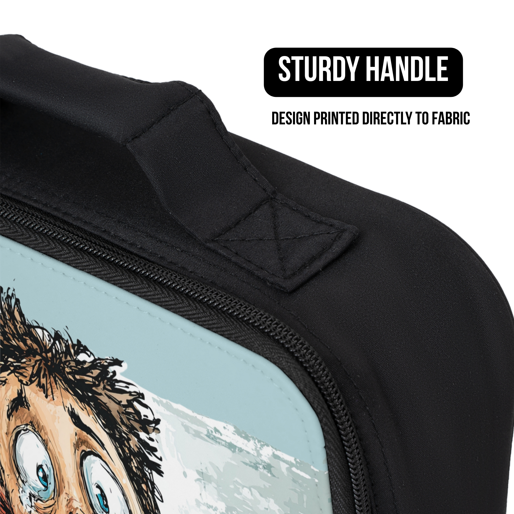 Black lunch bag with a cartoon character design on fabric, featuring a sturdy handle.