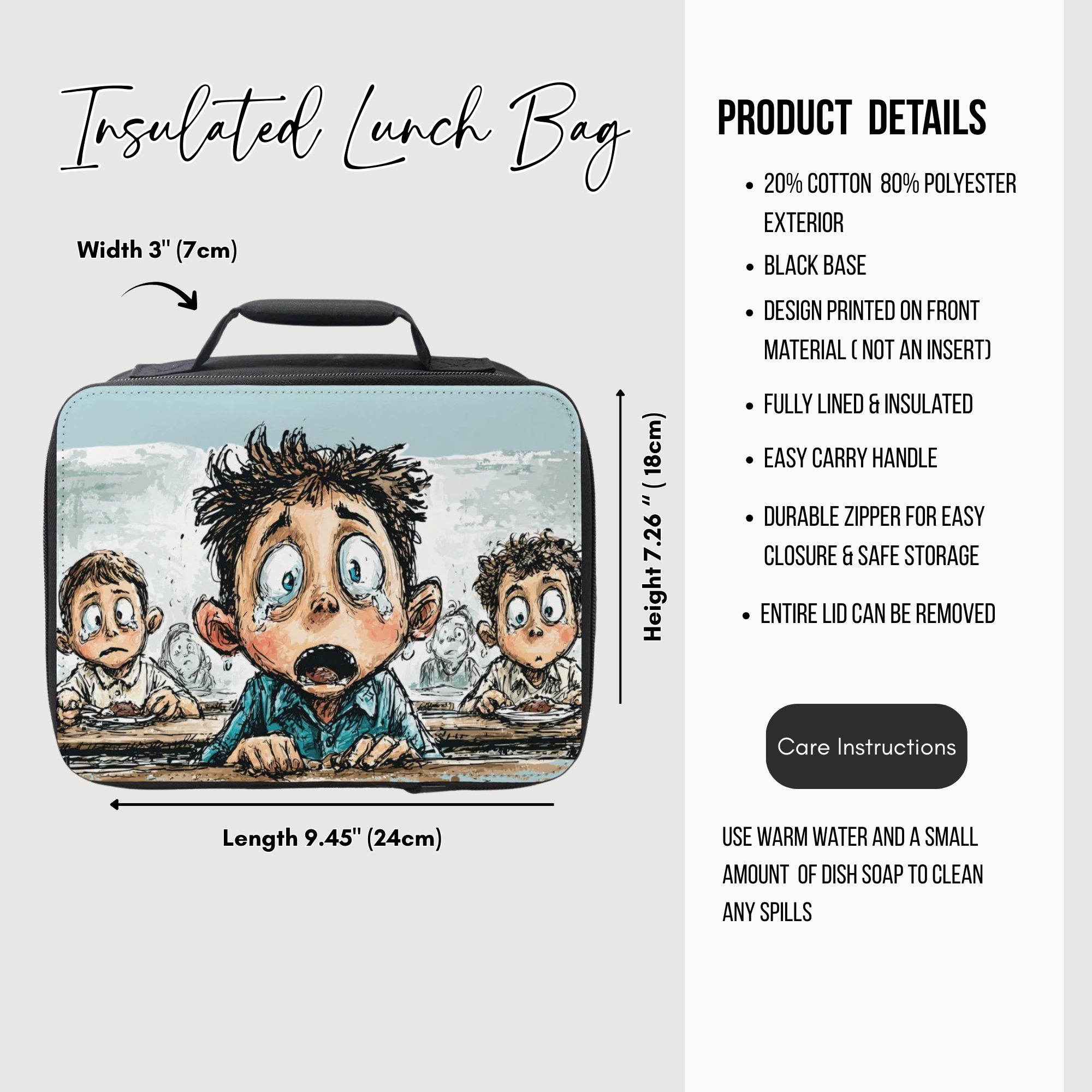 Insulated lunch bag with cartoon design and product details on a white background