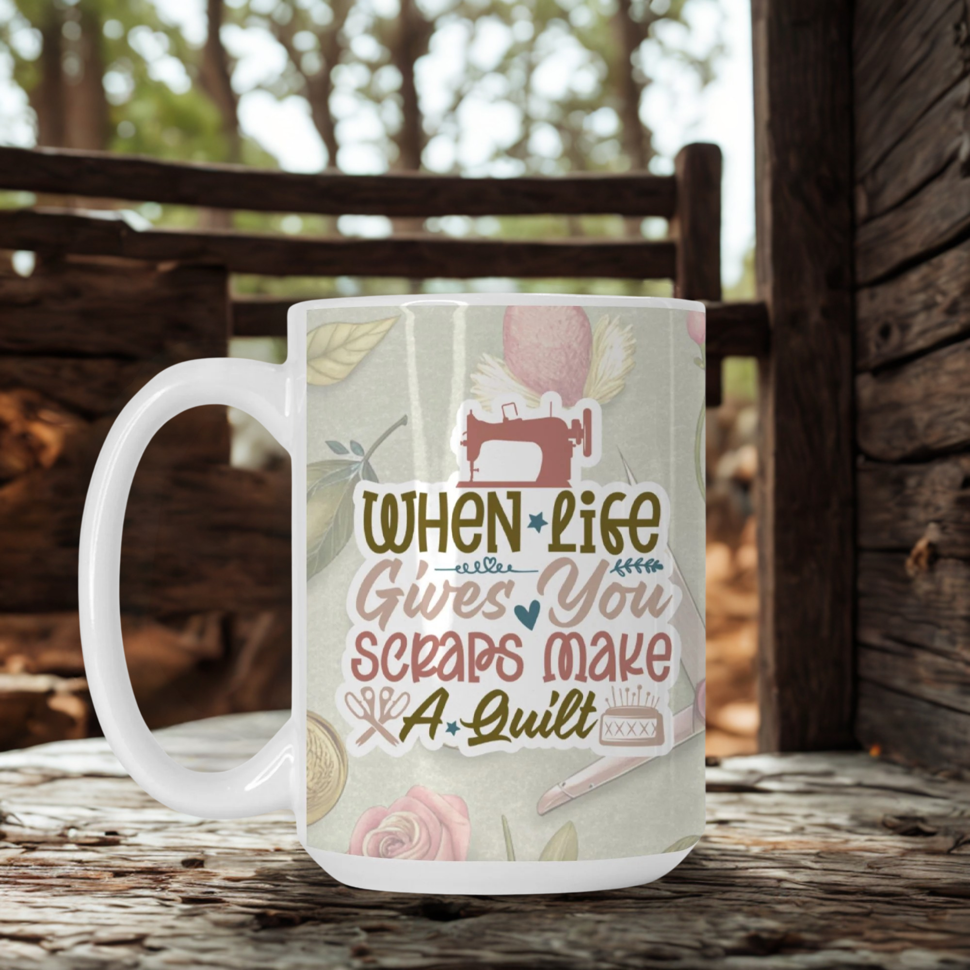Mug with sewing-themed design and text on a wooden surface outdoors