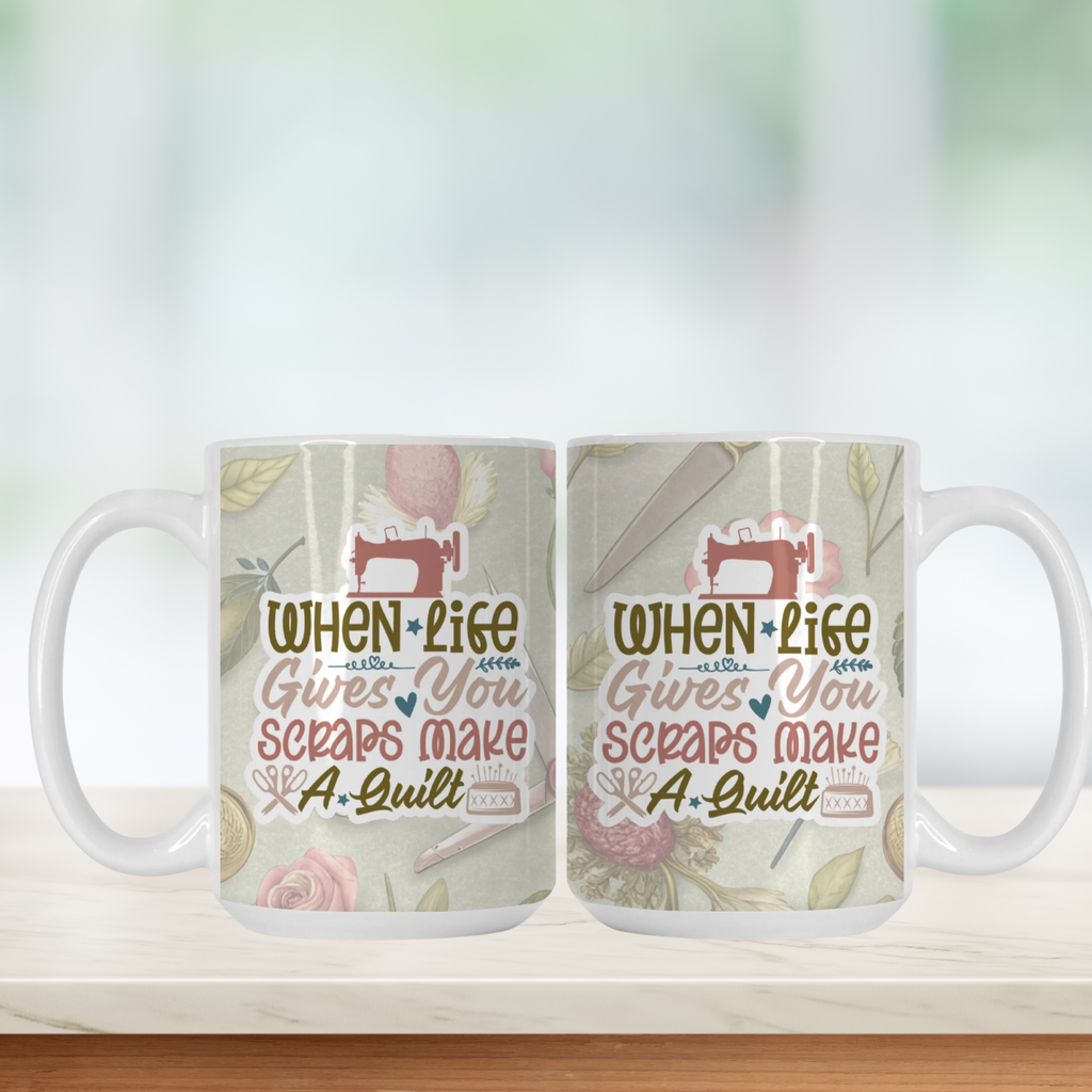 Two mugs with a quilt-themed design and text on a light background