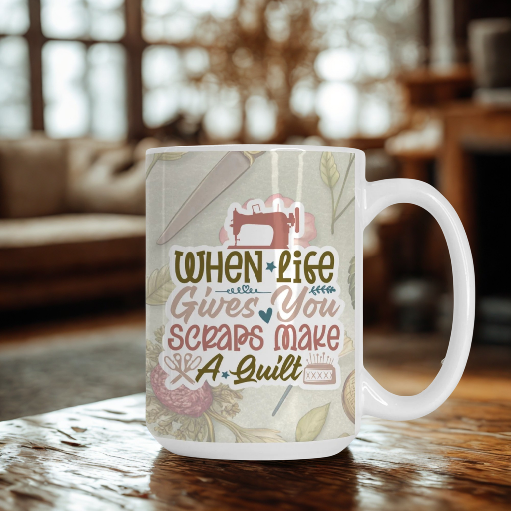 Mug with sewing-themed design and text on a wooden table
