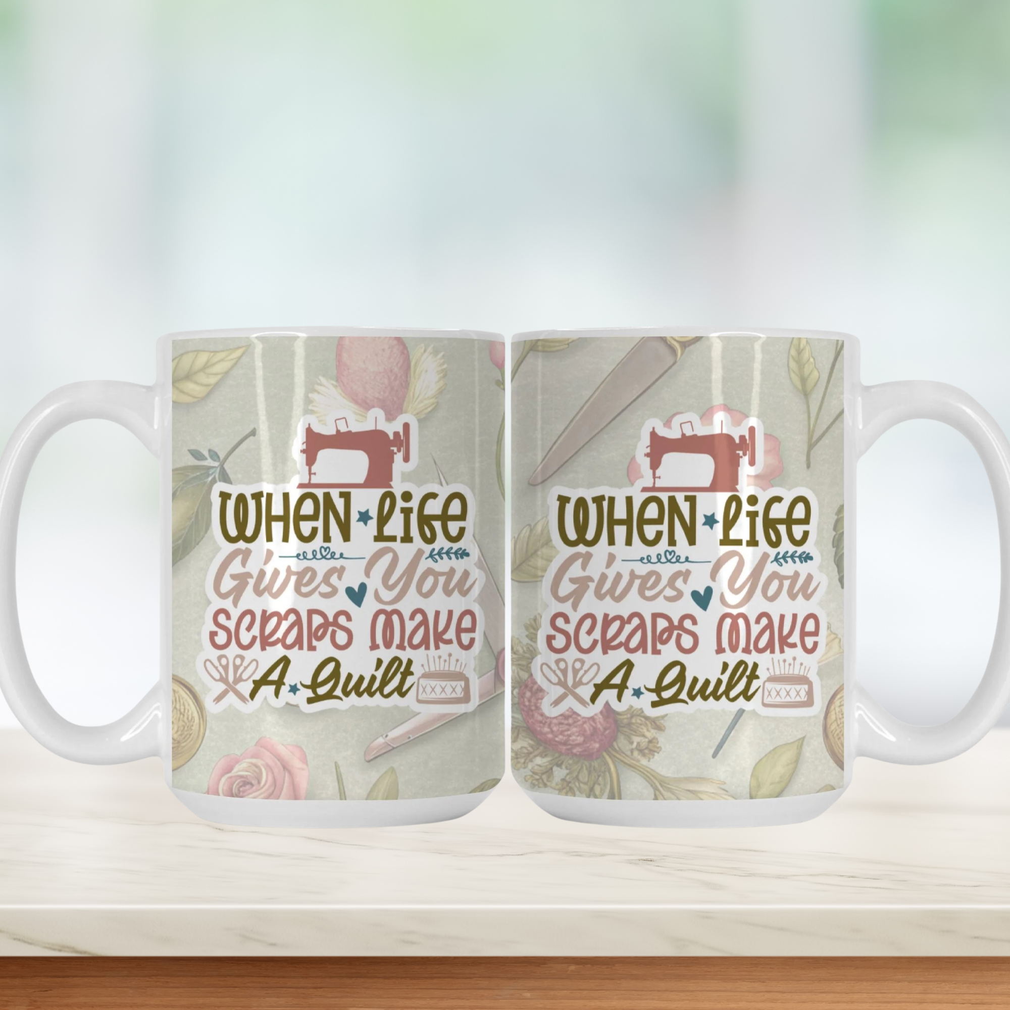 Two mugs with a sewing-themed design and text on a white background