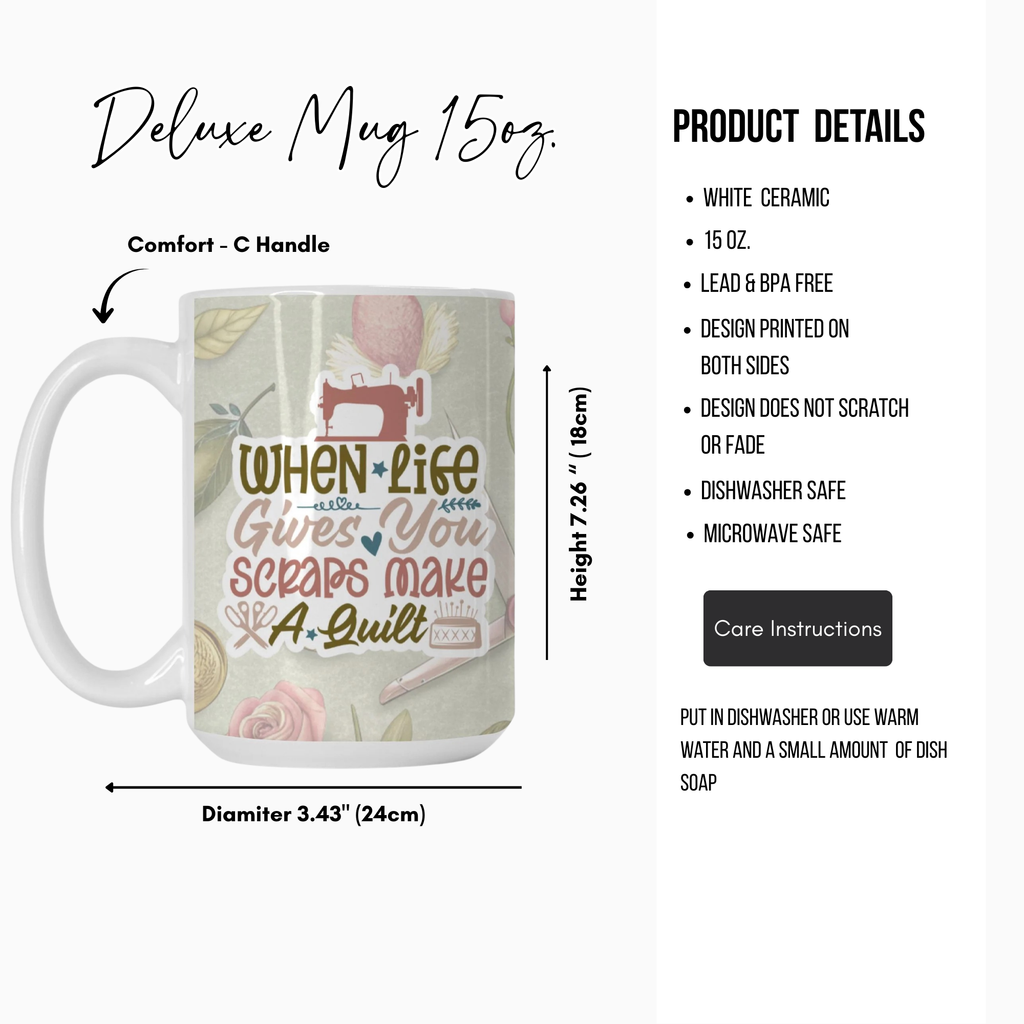 Mug with sewing-themed design and product details on a white background