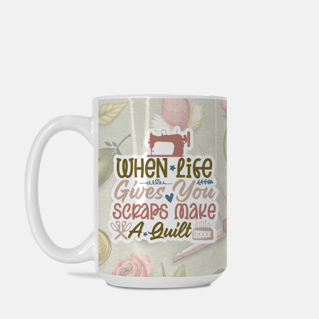 Mug with sewing-themed design and text on a white background