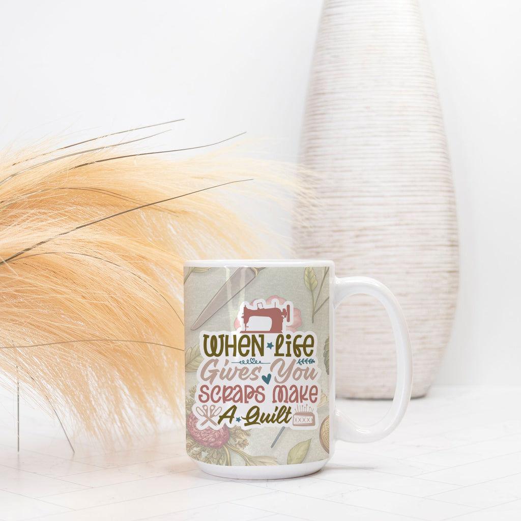 Mug with sewing-themed design and text on a white surface with decorative elements.