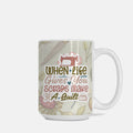 Mug with sewing-themed design and text on a white background