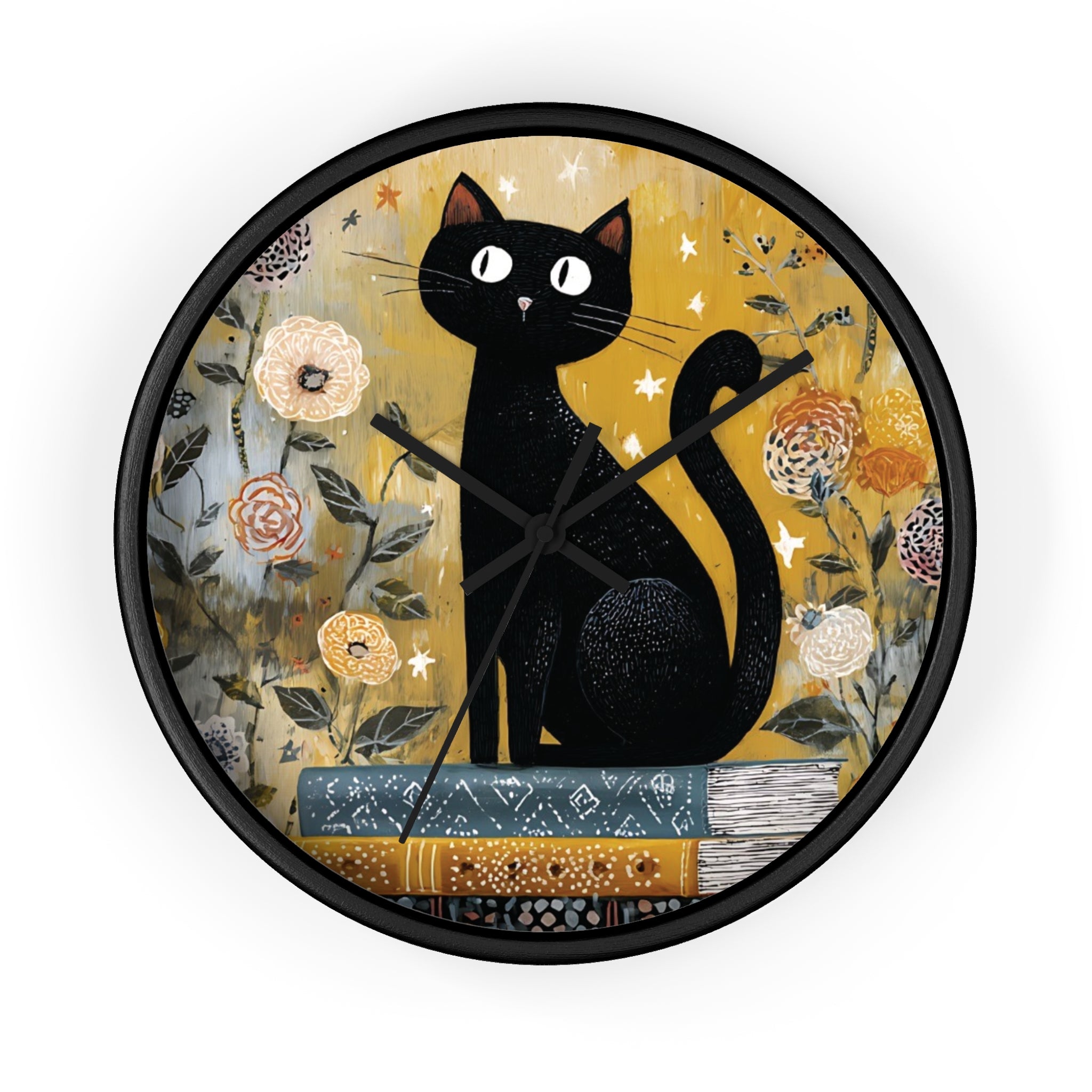 Wall clock with a black cat design on a floral background