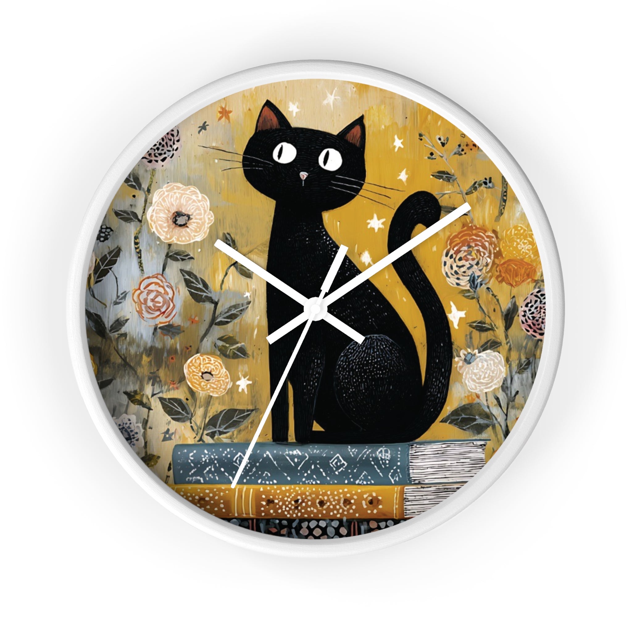 White wall clock with a black cat on books design on a yellow background