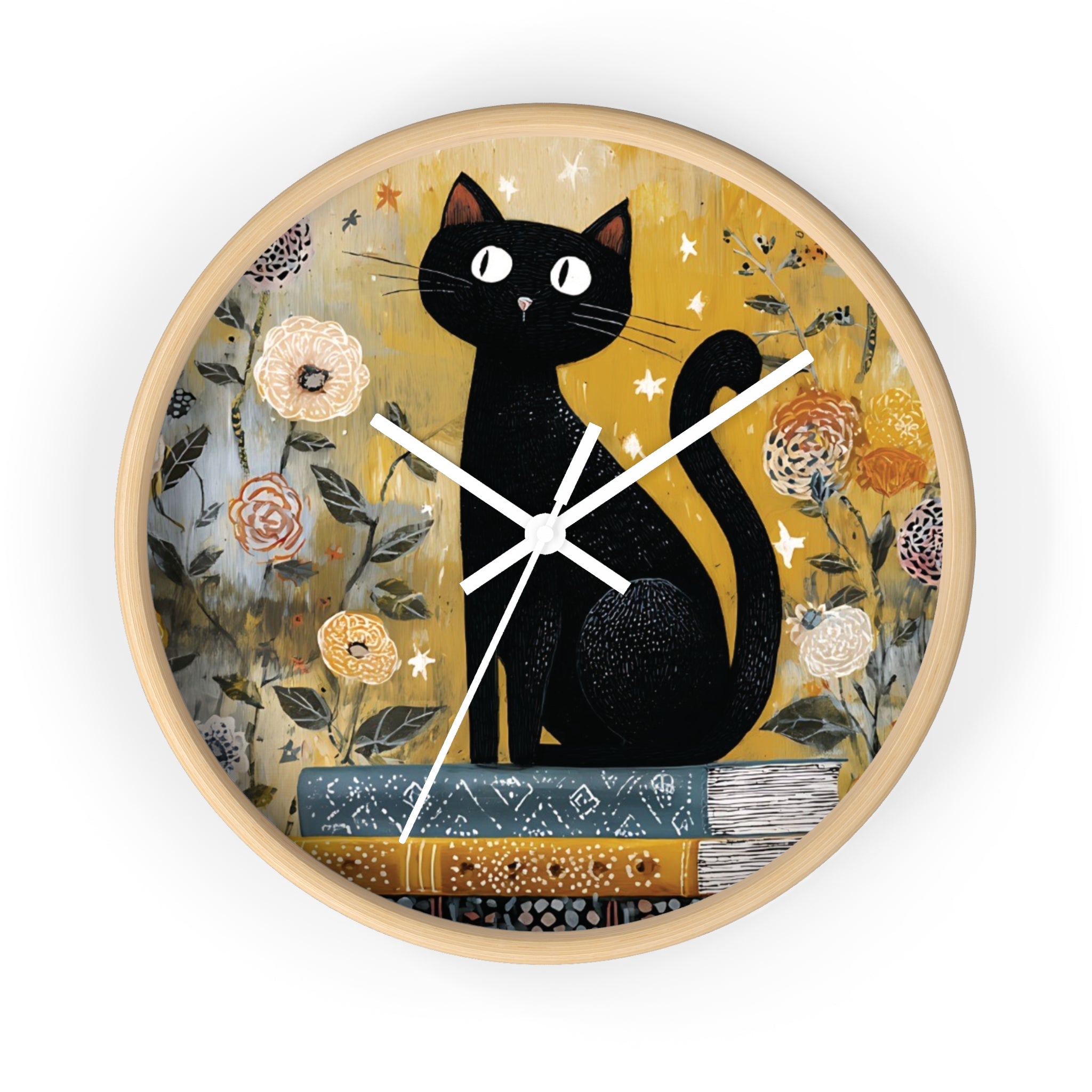 Wooden wall clock with a black cat on books design on a floral background