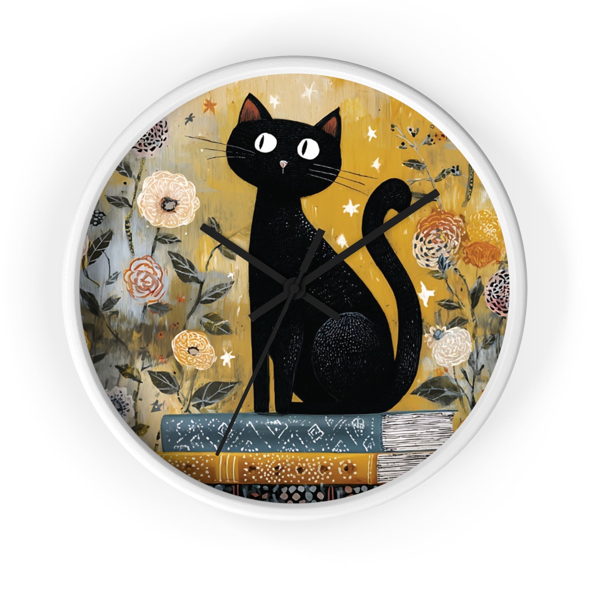 White wall clock with a black cat design on a floral background