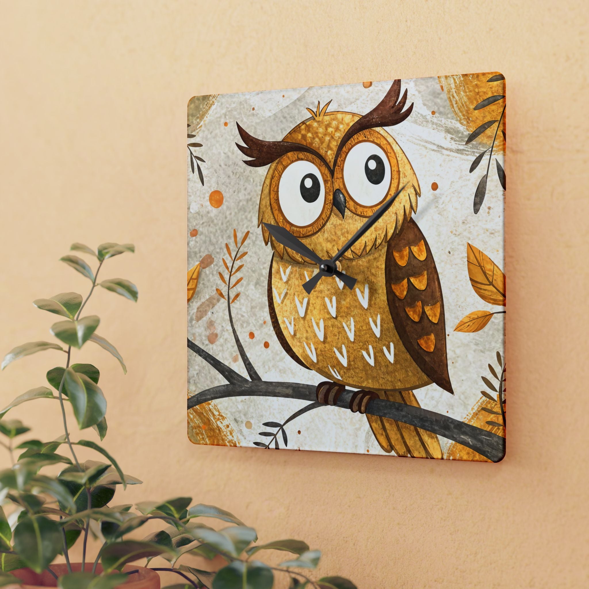 Decorative owl clock on a beige wall with a plant in the foreground