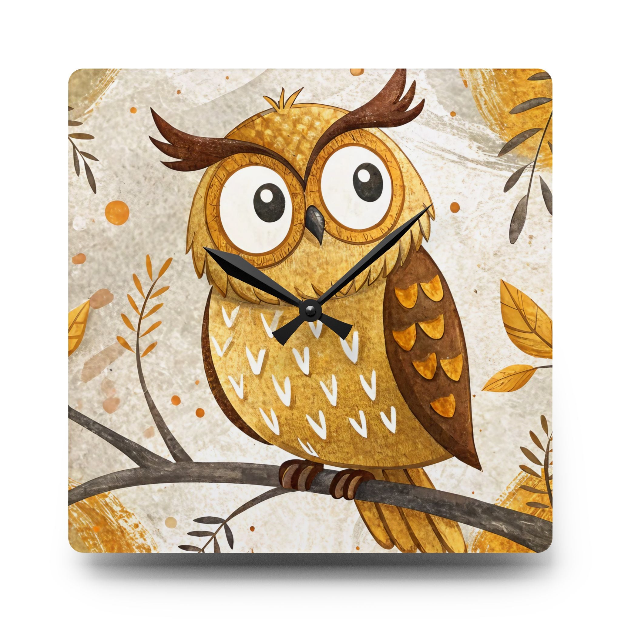 Wall clock with an owl design on a beige background
