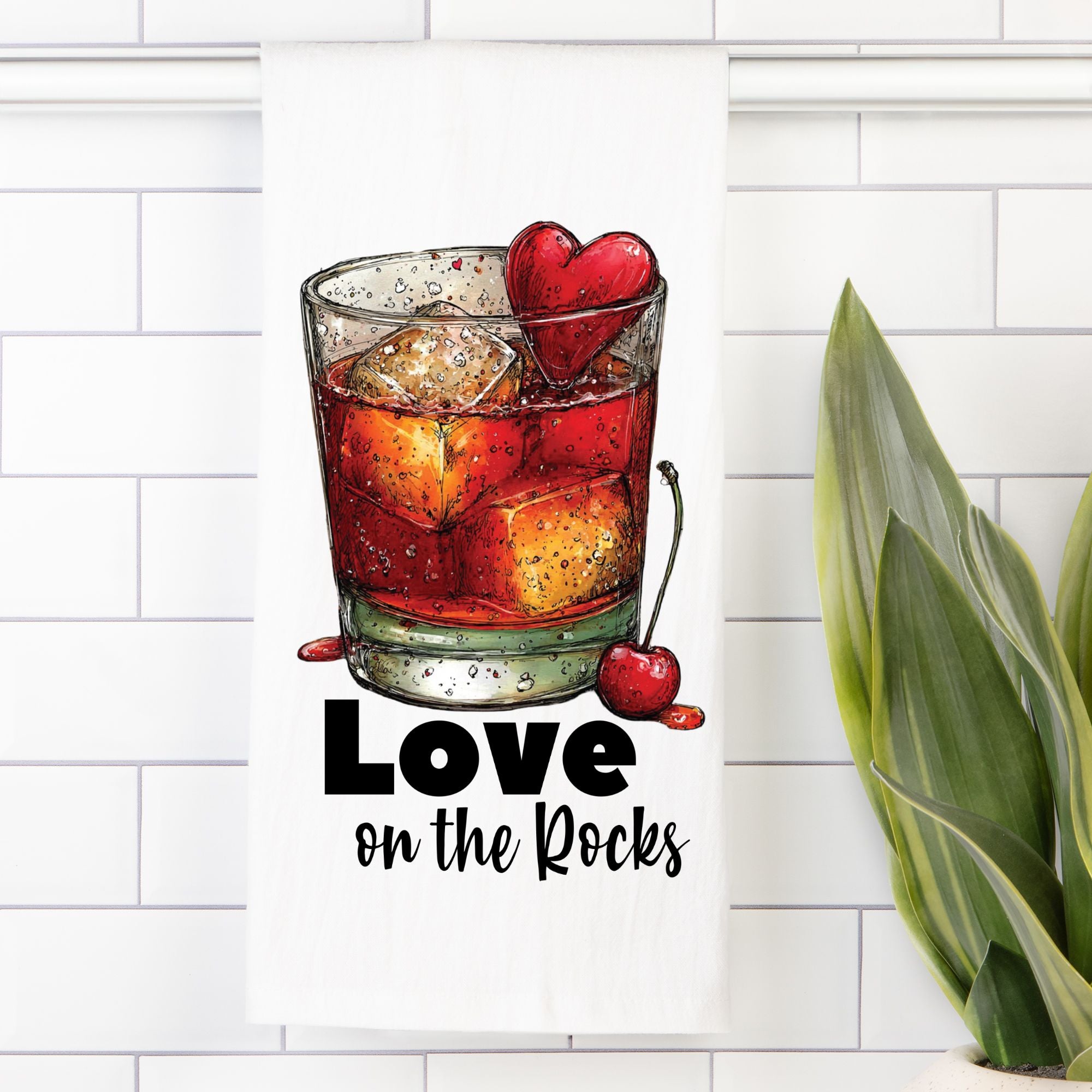 Tea Towel with Cocktail glass with ice and a heart-shaped cherry on a white tiled wall background