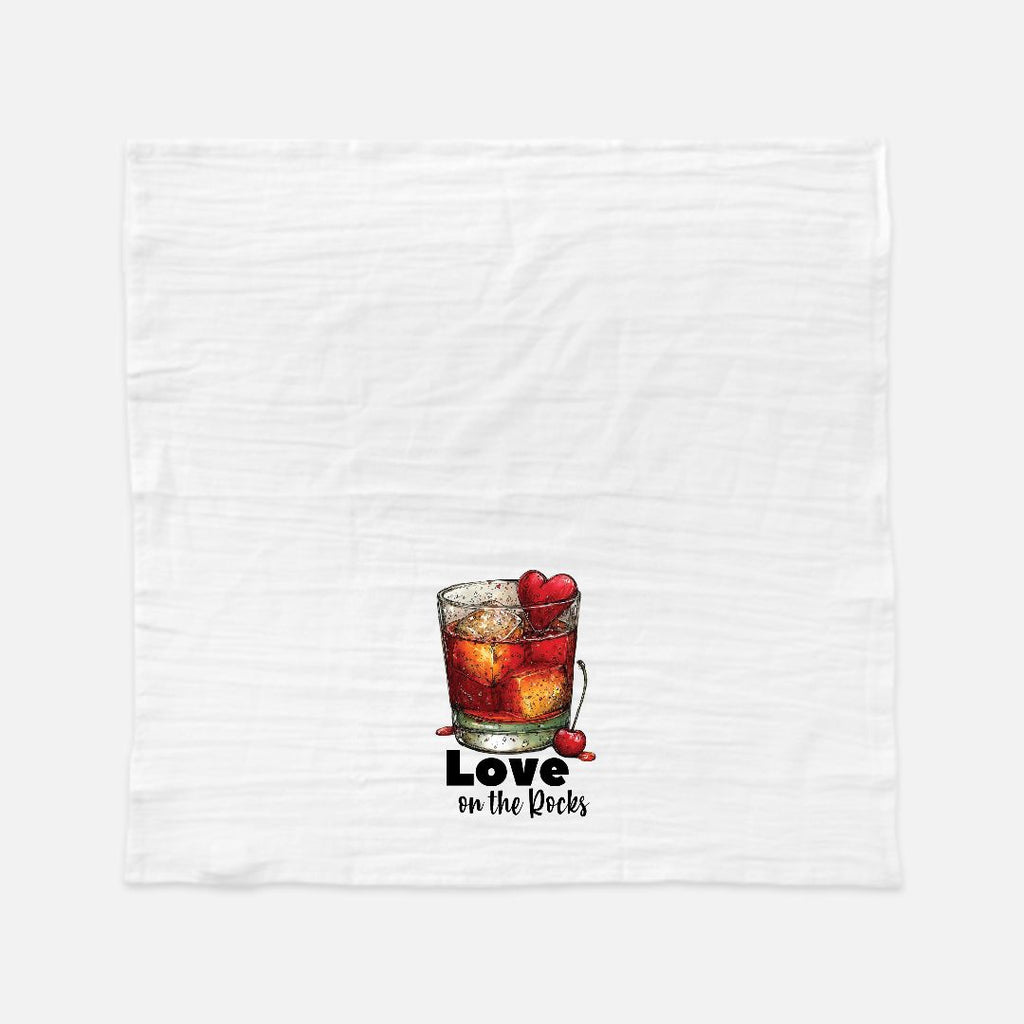 Extra Large Tea Towel with a cocktail graphic and 'Love on the Rocks' text on a white background