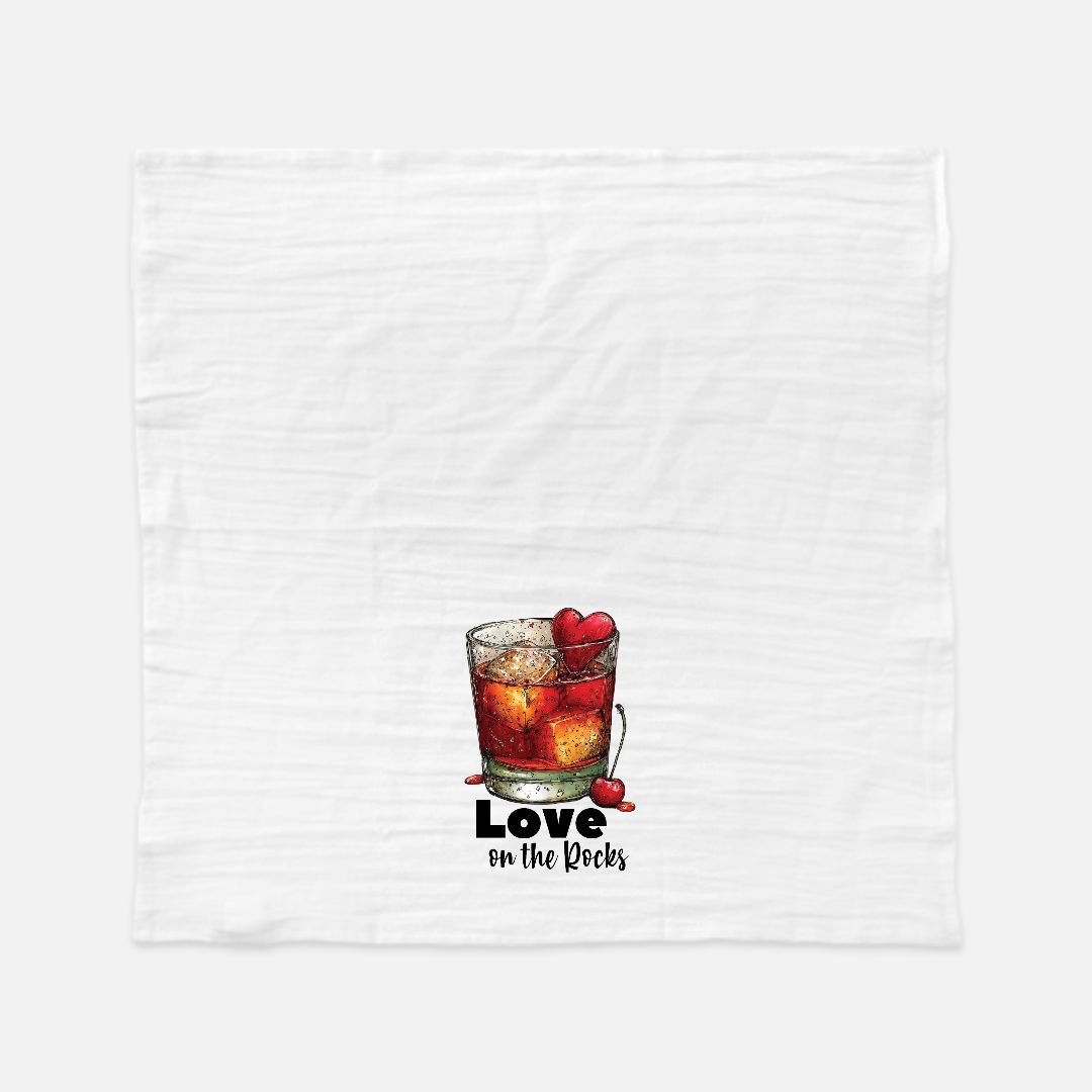 Extra Large Tea Towel with a cocktail graphic and 'Love on the Rocks' text on a white background