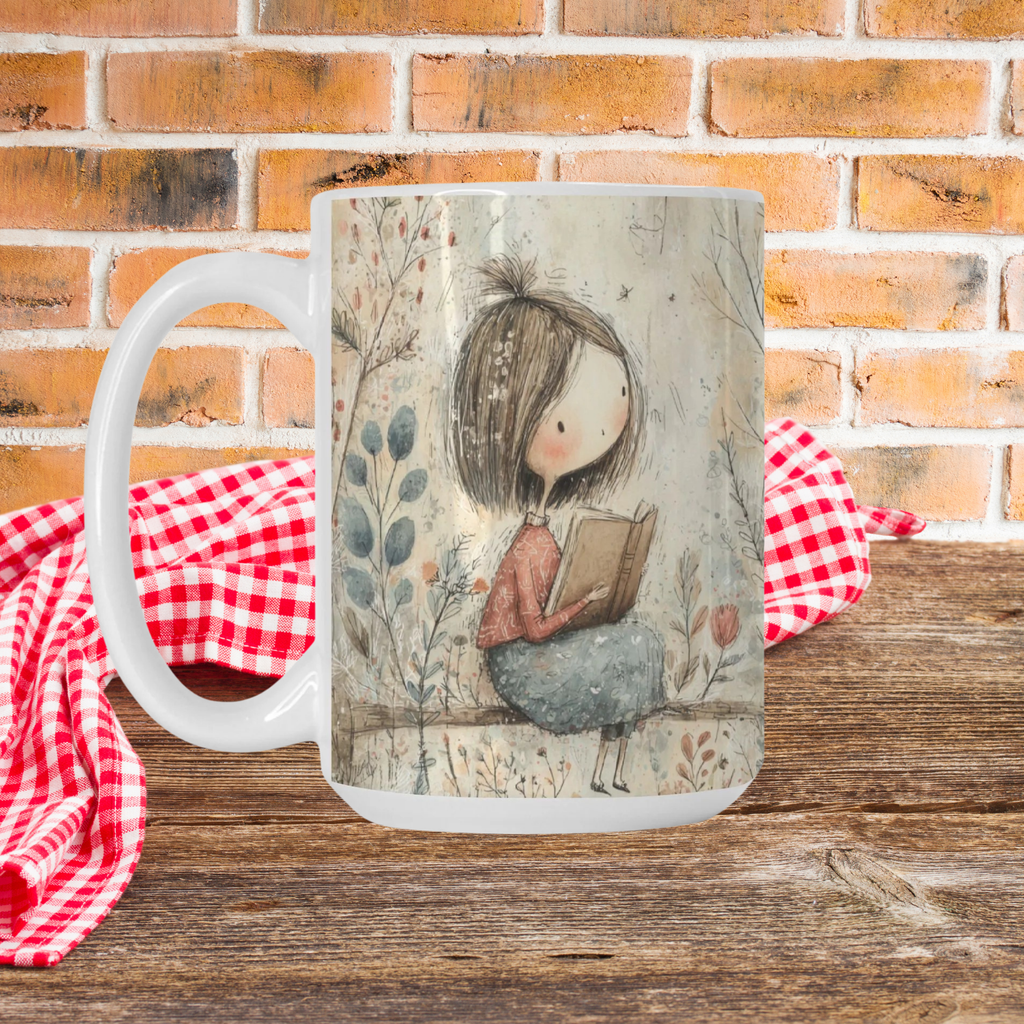 Mug with a design of a girl reading a book against a brick wall background
