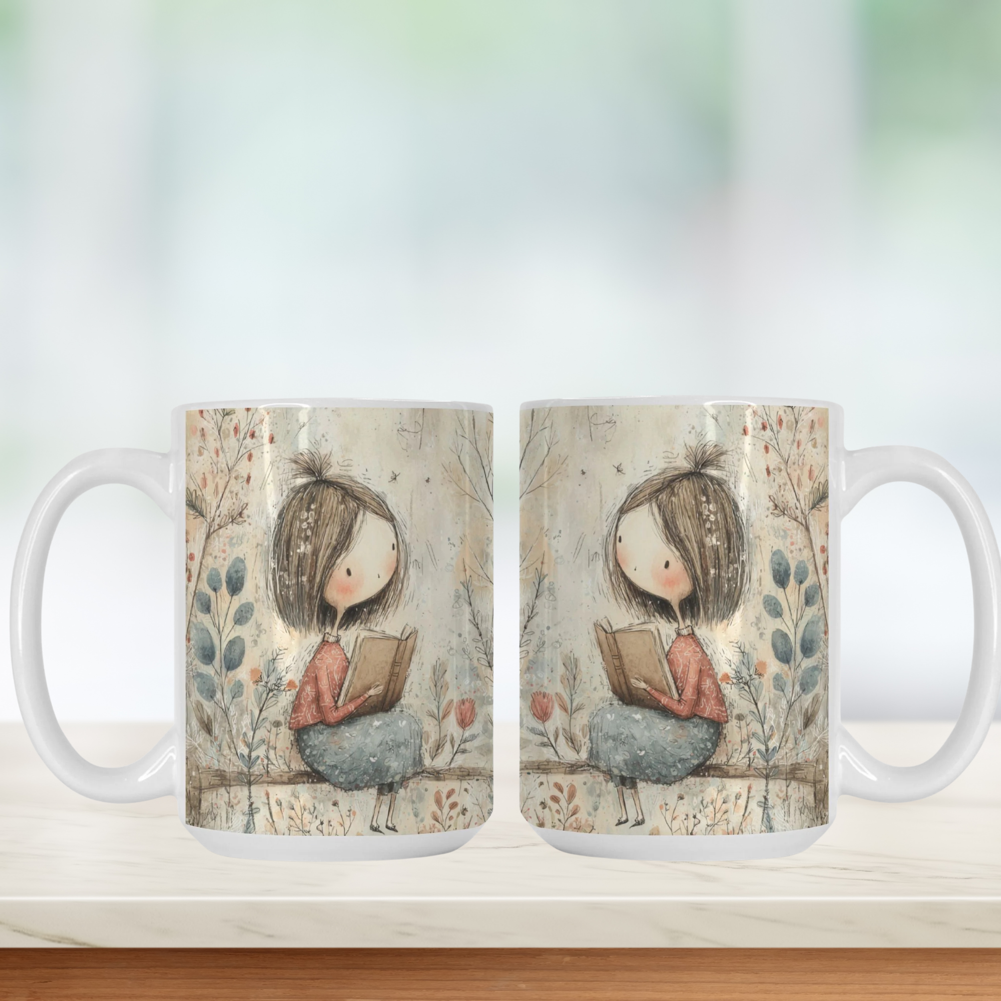 Two mugs with a design of a girl reading a book in nature on a white background.