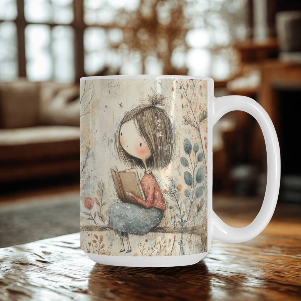 Mug with a design of a girl reading a book on a wooden table.