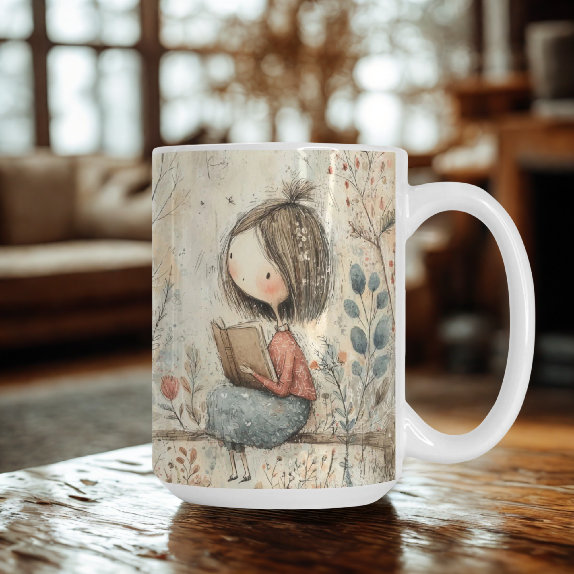 Mug with a design of a girl reading a book on a wooden table.