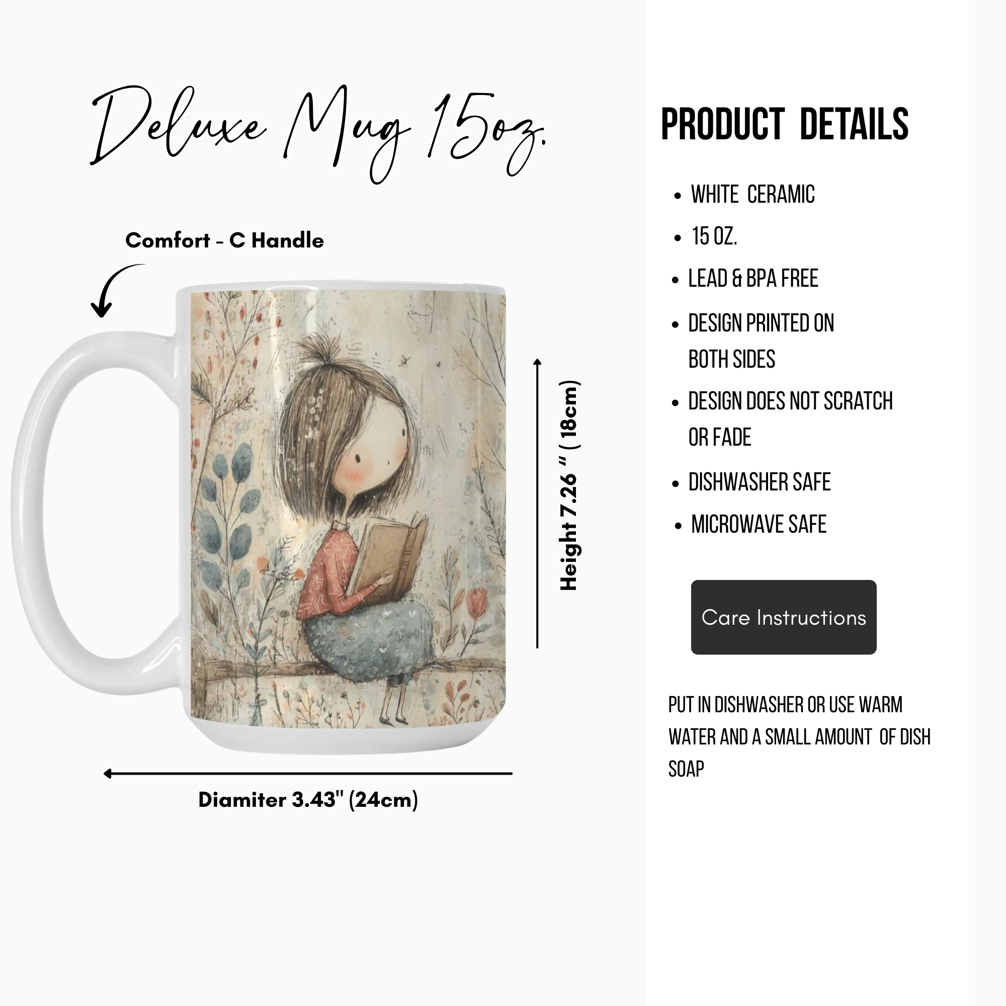 Deluxe mug with a design of a girl reading a book, featuring product details on a white background.