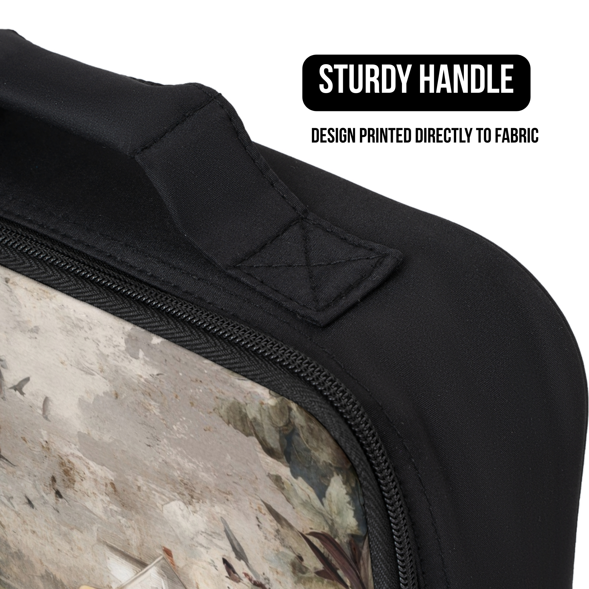Black lunch bag with a sturdy handle and camouflage design, featuring text about fabric printing.