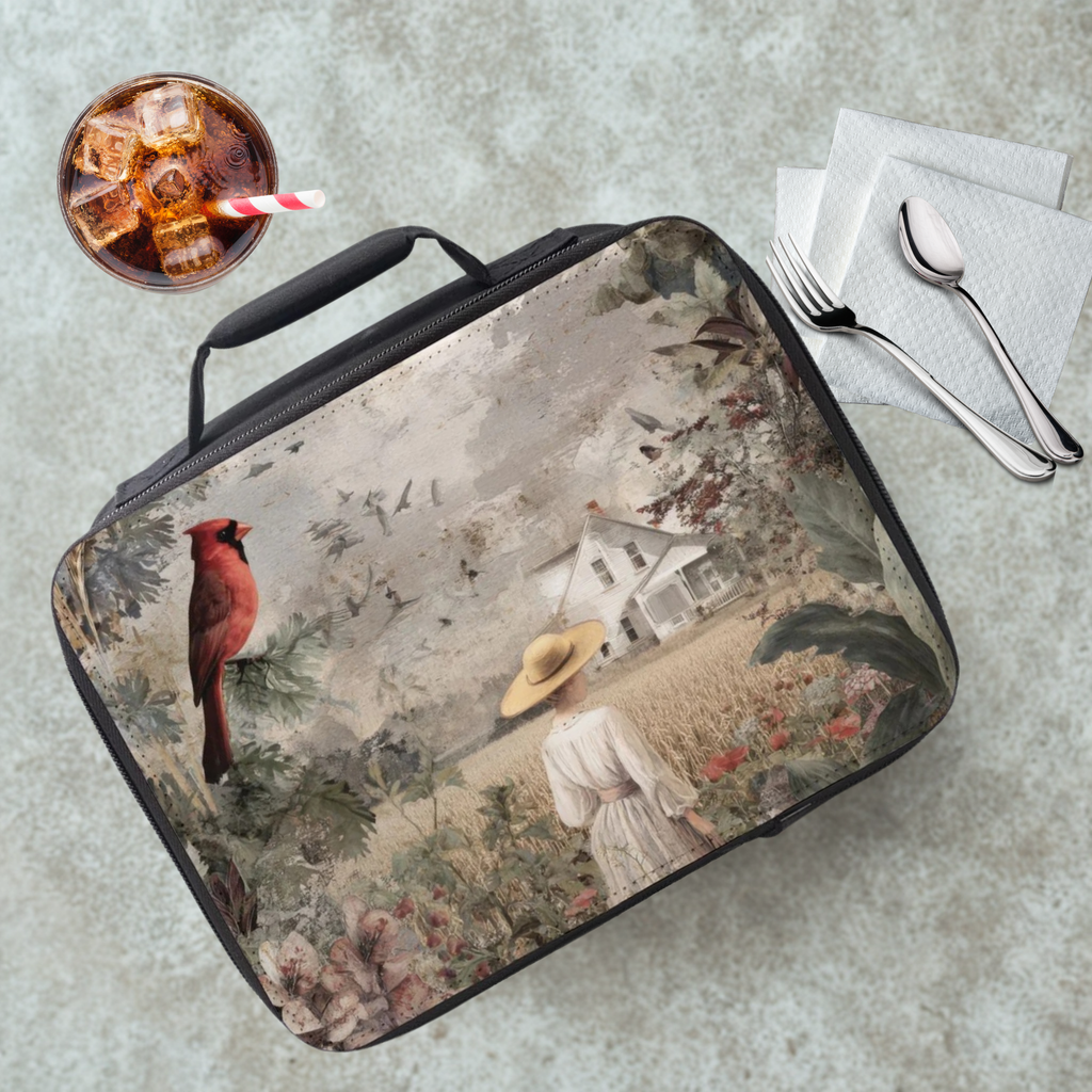 Insulated lunch bag with vintage-style design featuring a red cardinal, lady, and a house, placed on a concrete surface with a drink and utensils.