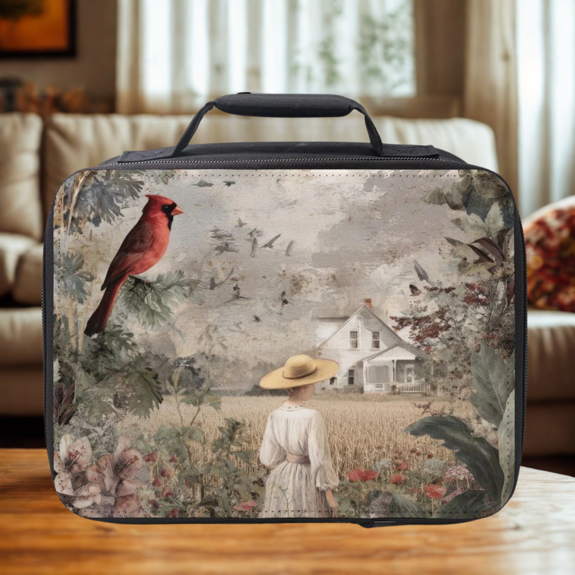  insulated lunch bag with a design of a woman in a garden and a cardinal on a coffee table in a cozy living room