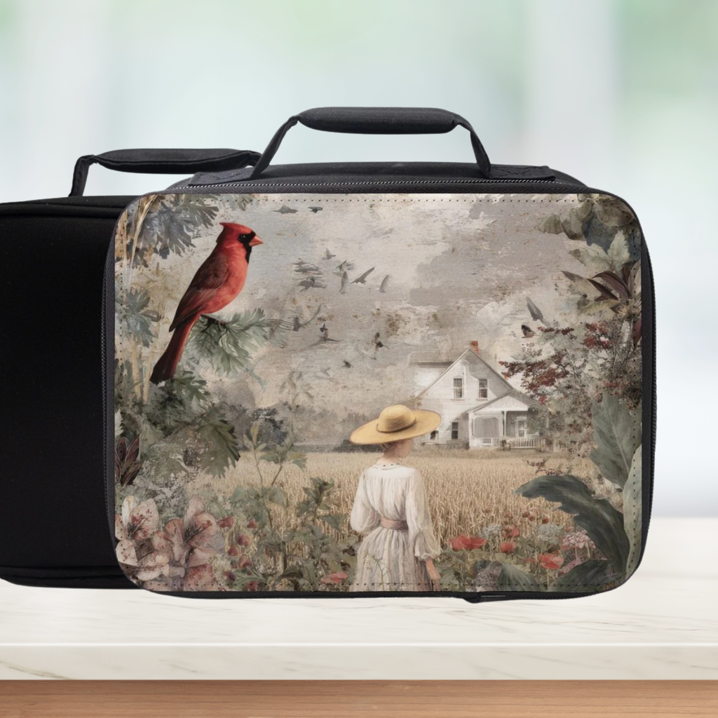 Rectangular black case with a vintage-style design featuring a woman, birds, and a house.