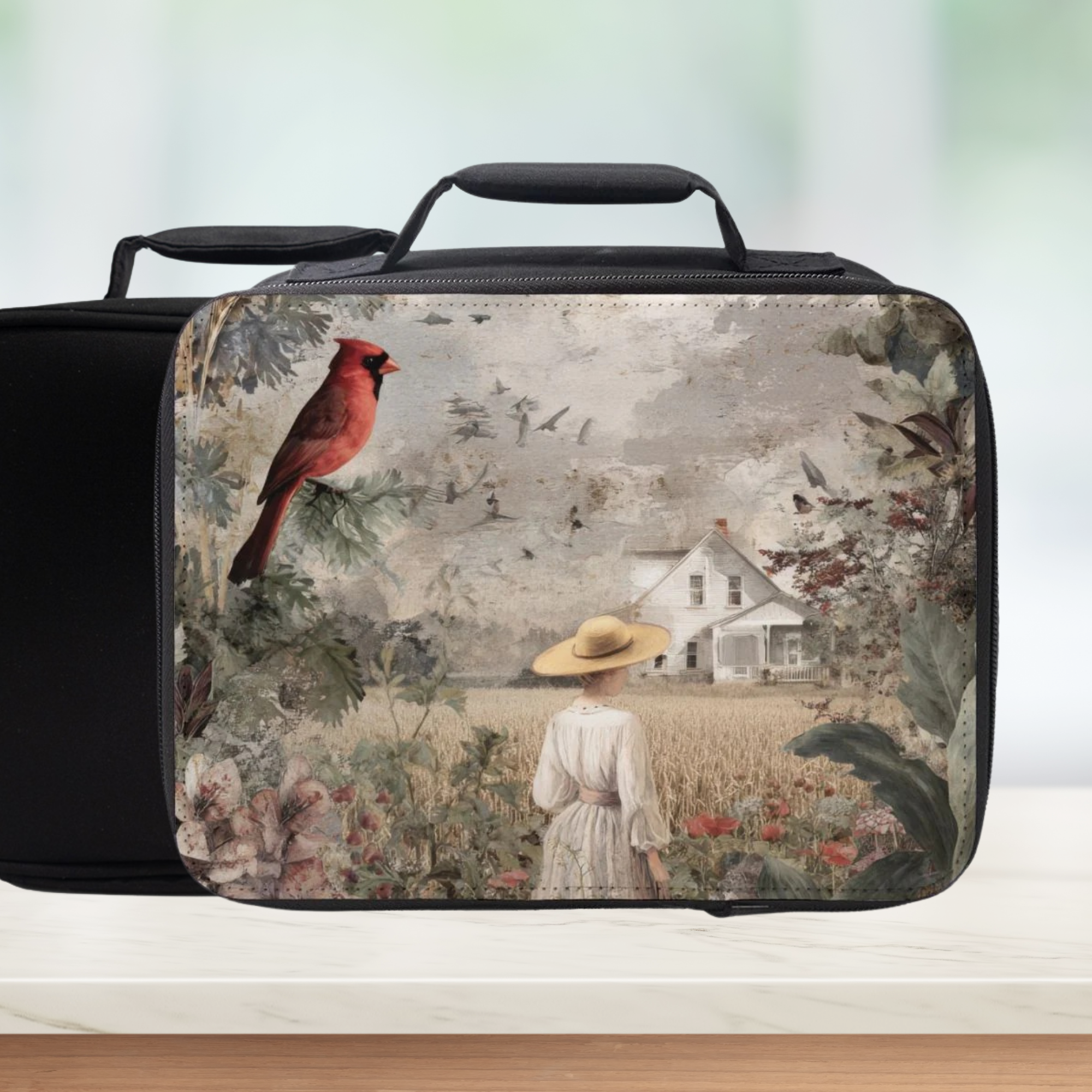 Rectangular black case with a vintage-style design featuring a woman, birds, and a house.
