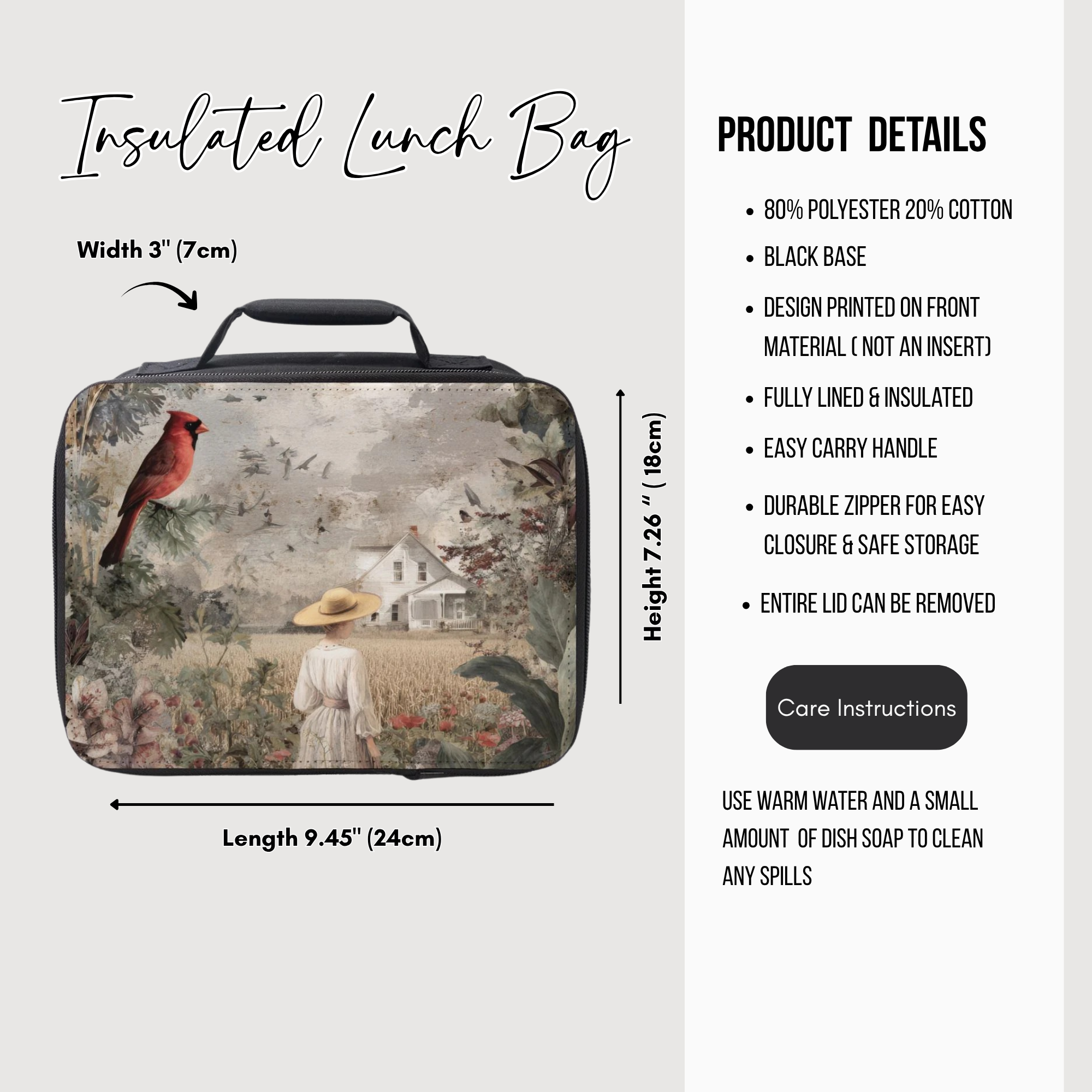 Insulated lunch bag with nature design and product details on a white background
